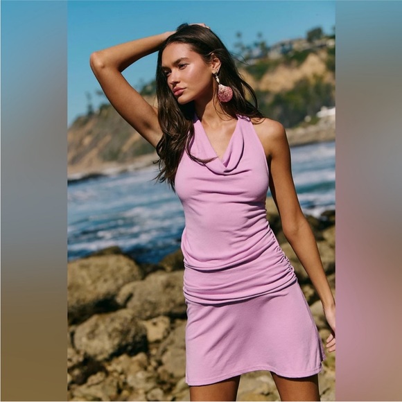 NEW! Free People XS Good Feels Lavender Cowl Neck Halter Backless Mini Dress - Picture 5 of 14